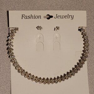 Ladies Sexy 2 Row Rhinestone Chocker Necklace and Earings 11655